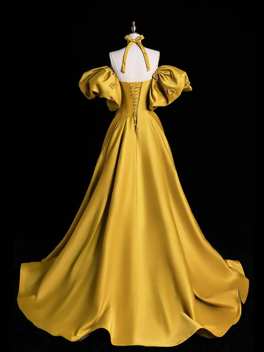 Vestido de fiesta largo de satén amarillo, corte A, hombros descubiertos, TP193