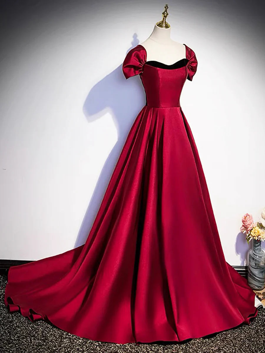 Burgundy Satin Strapless Prom Dress, Simple A-Line Party Dress with Detachable Sleeve TP194