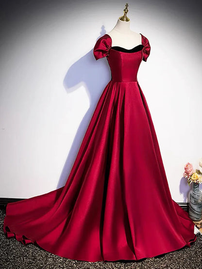 Burgundy Satin Strapless Prom Dress, Simple A-Line Party Dress with Detachable Sleeve TP194
