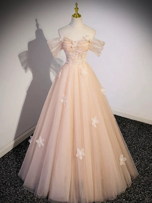 Vestido de fiesta de tul rosa claro hasta el suelo, hermoso vestido de fiesta de noche con hombros descubiertos TP197