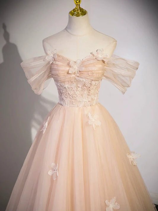 Vestido de fiesta de tul rosa claro hasta el suelo, hermoso vestido de fiesta de noche con hombros descubiertos TP197