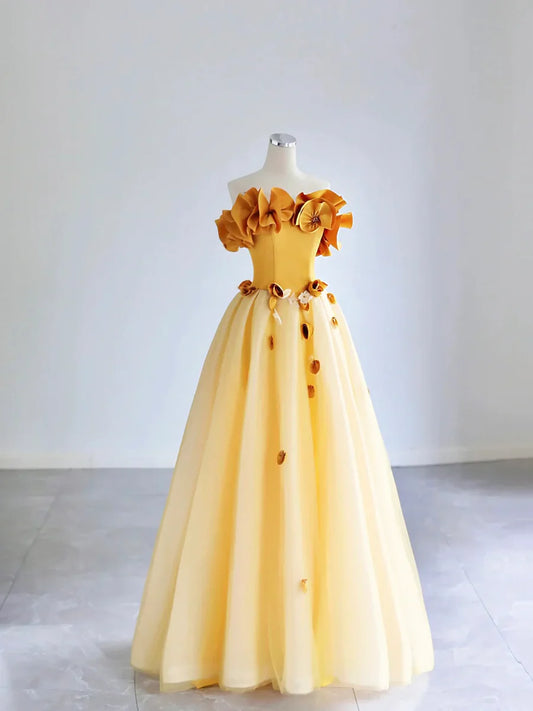 Vestido de fiesta largo con apliques de tul amarillo, sin mangas, hombros descubiertos, espalda descubierta, vestido de noche formal largo TP198