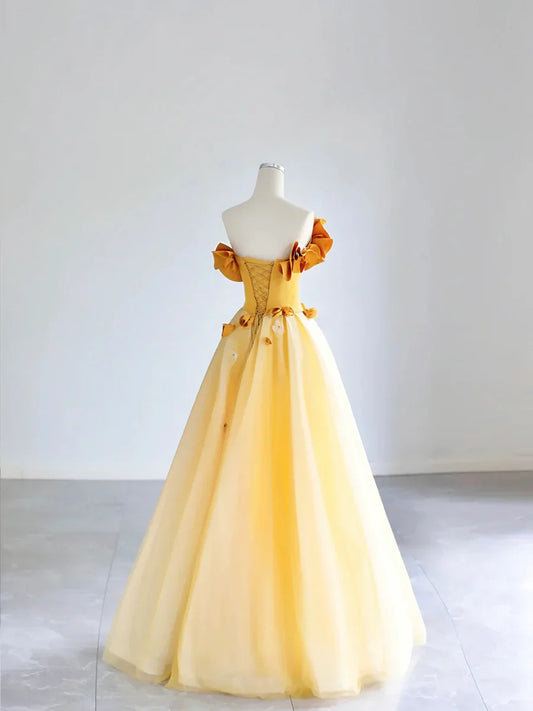 Vestido de fiesta largo con apliques de tul amarillo, sin mangas, hombros descubiertos, espalda descubierta, vestido de noche formal largo TP198