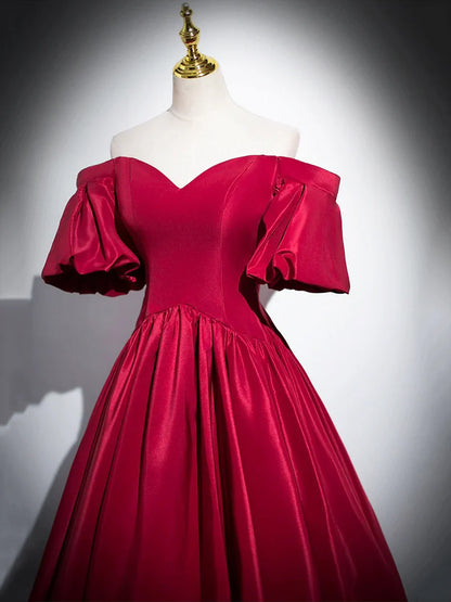 Burgundy Satin Long Prom Dress, Off the Shoulder A-Line Formal Evening Dress TP199
