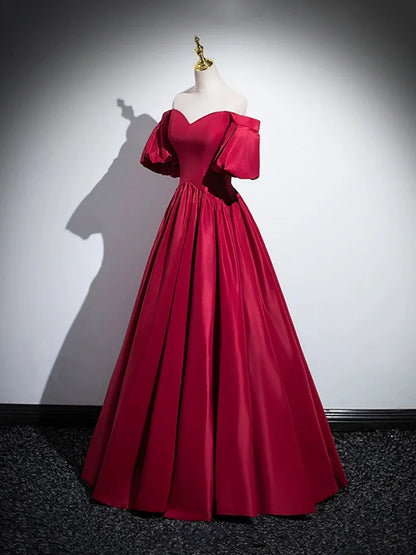 Burgundy Satin Long Prom Dress, Off the Shoulder A-Line Formal Evening Dress TP199