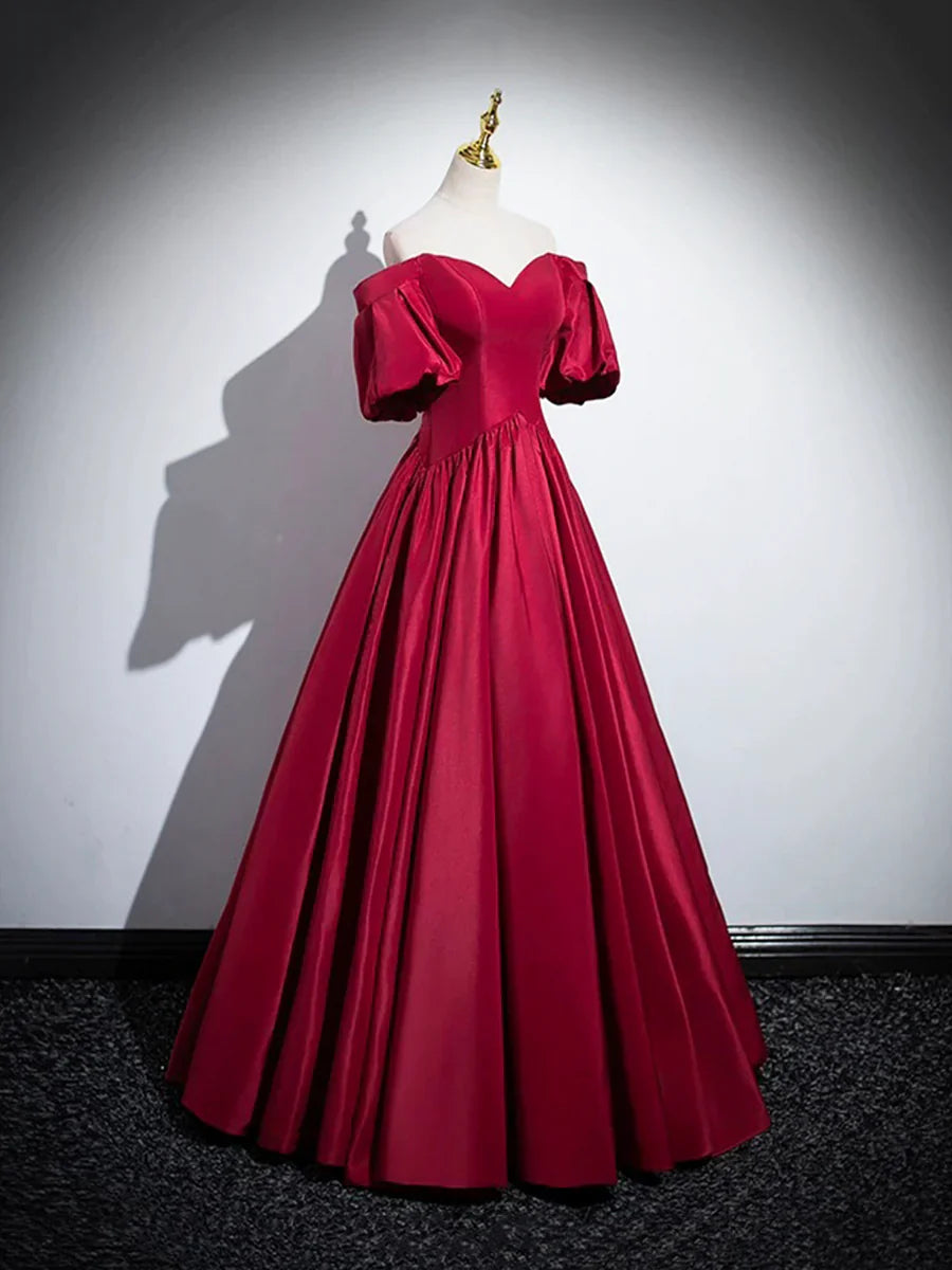 Burgundy Satin Long Prom Dress, Off the Shoulder A-Line Formal Evening Dress TP199