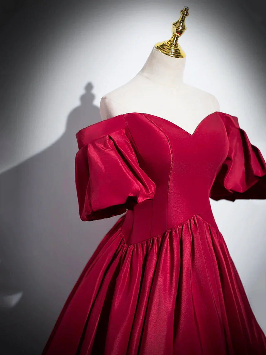 Burgundy Satin Long Prom Dress, Off the Shoulder A-Line Formal Evening Dress TP199