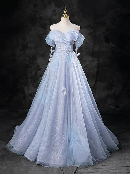 Vestido de fiesta formal de tul azul perla hasta el suelo, corte A, hombros descubiertos, TP95