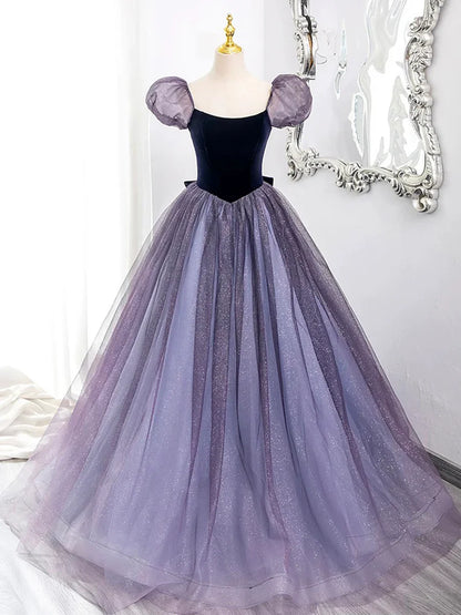 Vestido de fiesta morado de tul y terciopelo, largo hasta el suelo, precioso vestido de fiesta de corte A y manga corta TP98