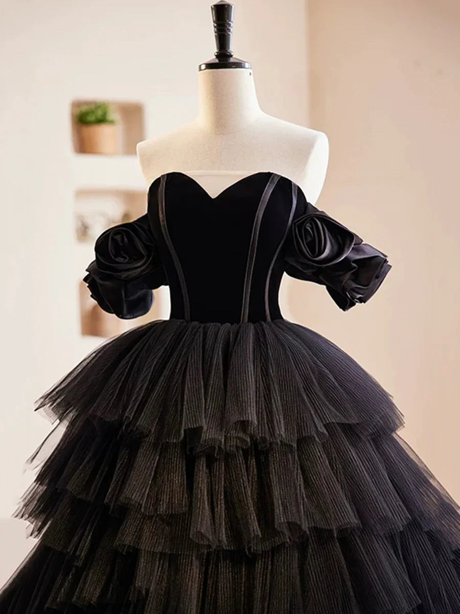 Vestido de fiesta largo de terciopelo negro y tul, corte A, hombros descubiertos, vestido formal de noche TP94