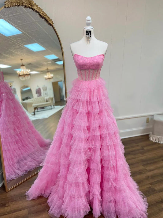 Vestido de fiesta rosa sin tirantes de tul brillante, largo hasta el suelo, hermoso vestido de fiesta de noche de corte A TP200