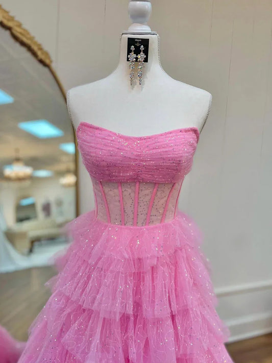 Vestido de fiesta rosa sin tirantes de tul brillante, largo hasta el suelo, hermoso vestido de fiesta de noche de corte A TP200