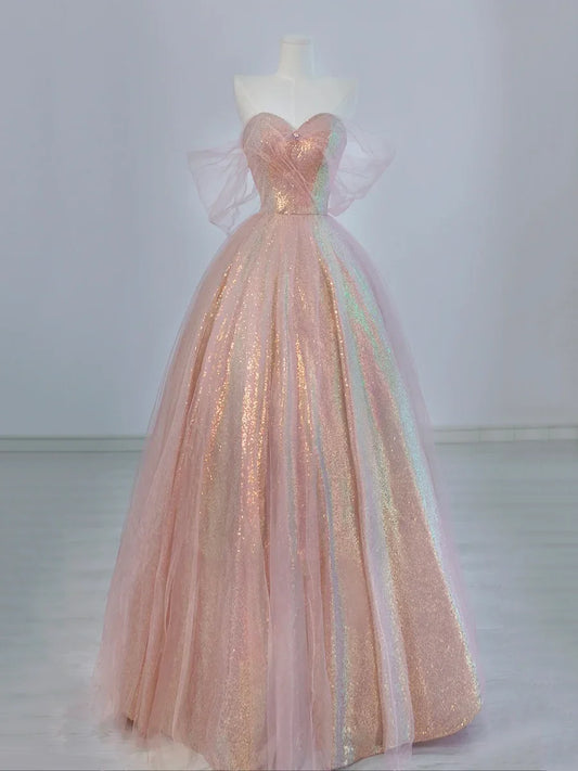 Vestido de fiesta largo hasta el suelo con tul rosa y lentejuelas brillantes, hermoso vestido de fiesta de noche de corte A TP202
