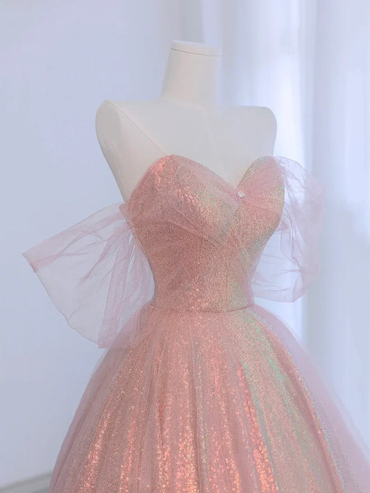 Vestido de fiesta largo hasta el suelo con tul rosa y lentejuelas brillantes, hermoso vestido de fiesta de noche de corte A TP202