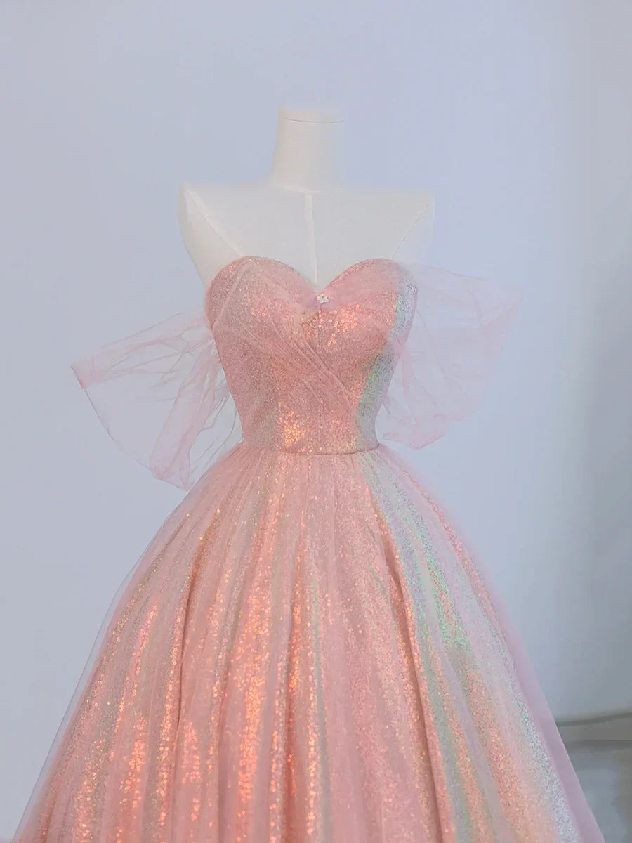 Vestido de fiesta largo hasta el suelo con tul rosa y lentejuelas brillantes, hermoso vestido de fiesta de noche de corte A TP202