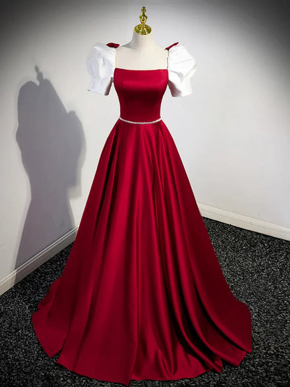 Hermoso vestido de fiesta largo de satén blanco y burdeos, corte A, manga corta, TP203