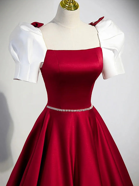 Hermoso vestido de fiesta largo de satén blanco y burdeos, corte A, manga corta, TP203