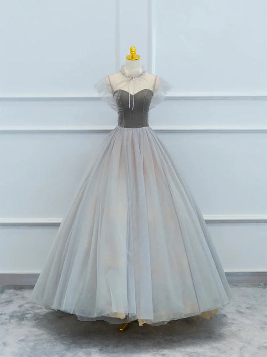 Precioso vestido de fiesta de terciopelo y tul, largo hasta el suelo, gris, corte A, TP204