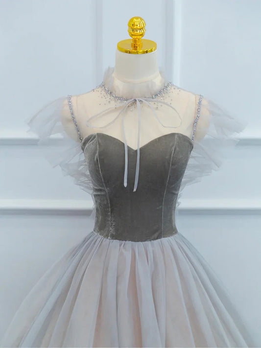 Precioso vestido de fiesta de terciopelo y tul, largo hasta el suelo, gris, corte A, TP204