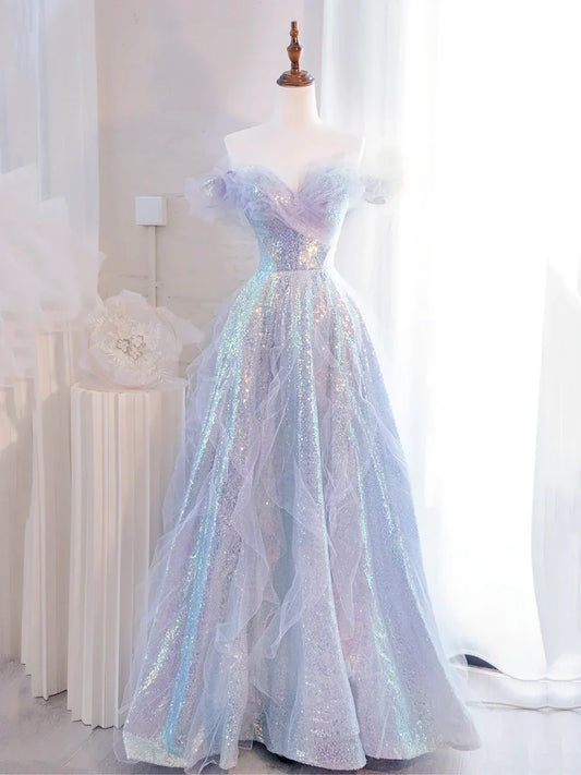 Precioso vestido de fiesta largo de tul morado con lentejuelas y hombros descubiertos TP206