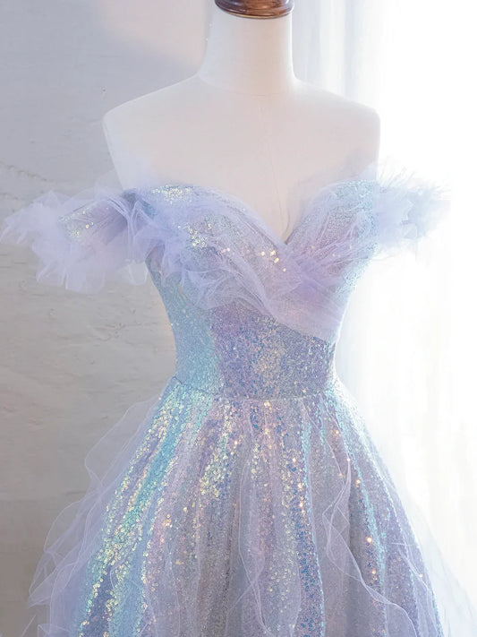 Precioso vestido de fiesta largo de tul morado con lentejuelas y hombros descubiertos TP206