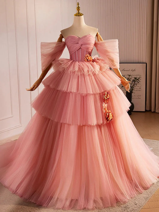 Vestido largo de tul rosa con escote corazón, precioso vestido de fiesta de noche de corte A TP208
