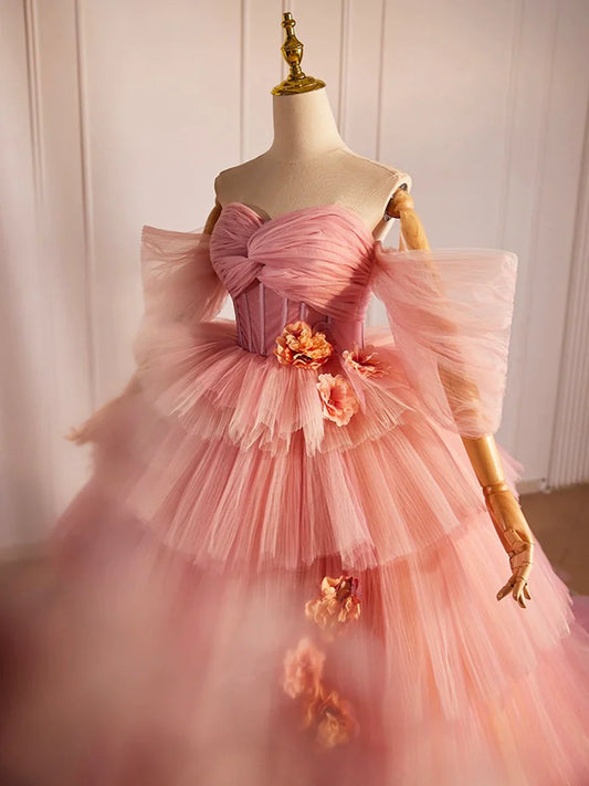 Vestido largo de tul rosa con escote corazón, precioso vestido de fiesta de noche de corte A TP208