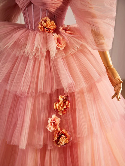 Vestido largo de tul rosa con escote corazón, precioso vestido de fiesta de noche de corte A TP208