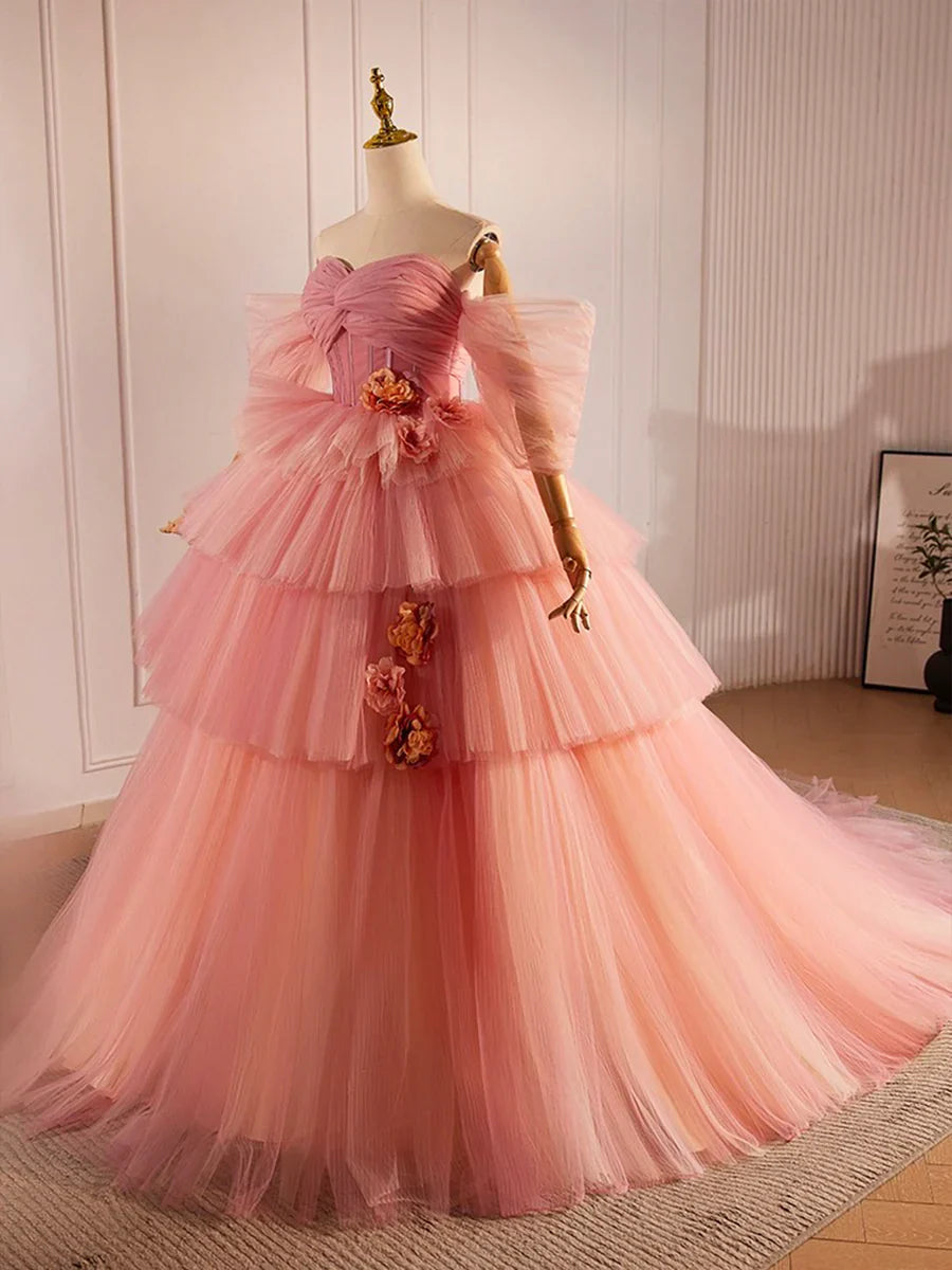 Vestido largo de tul rosa con escote corazón, precioso vestido de fiesta de noche de corte A TP208