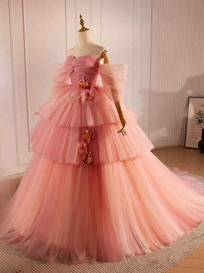 Vestido largo de tul rosa con escote corazón, precioso vestido de fiesta de noche de corte A TP208