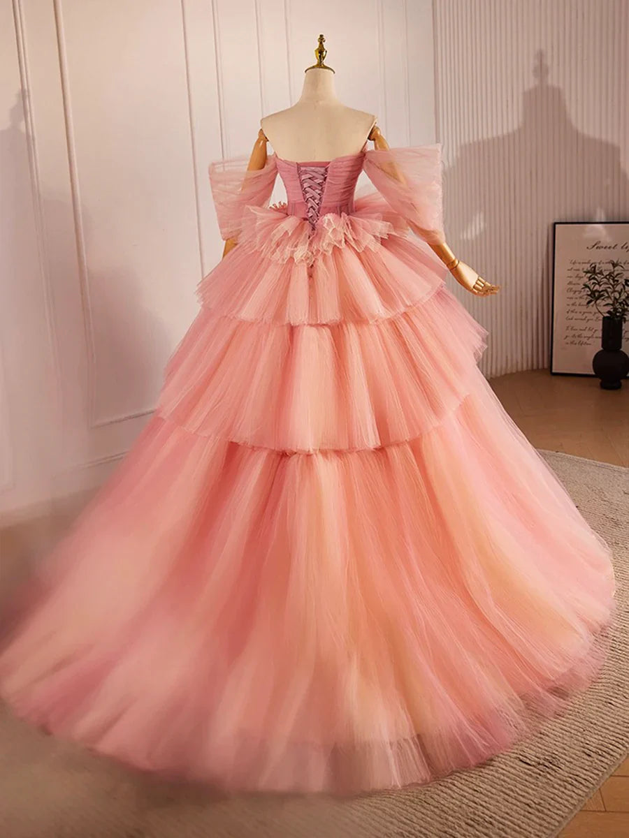Vestido largo de tul rosa con escote corazón, precioso vestido de fiesta de noche de corte A TP208