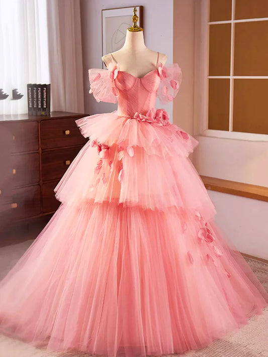 Vestido de fiesta largo de tul rosa con tirantes finos, precioso vestido de fiesta de quinceañera de corte A TP210