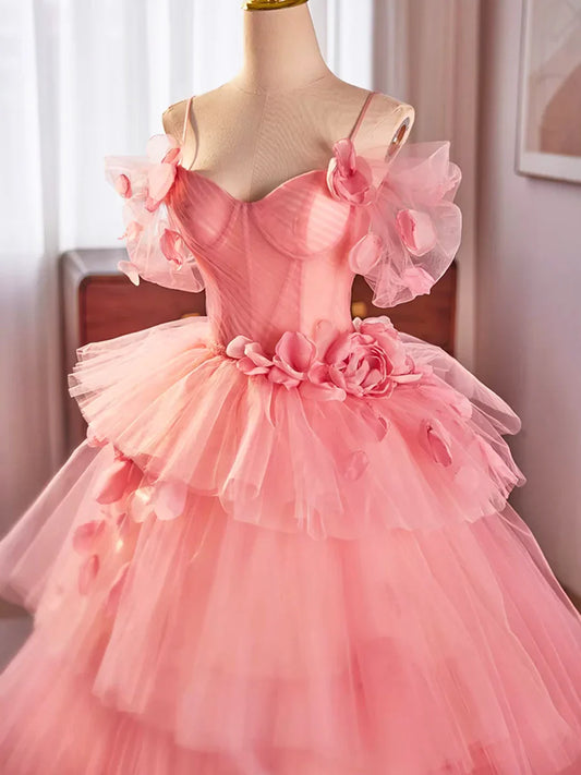 Vestido de fiesta largo de tul rosa con tirantes finos, precioso vestido de fiesta de quinceañera de corte A TP210
