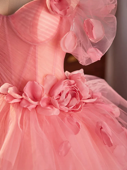 Vestido de fiesta largo de tul rosa con tirantes finos, precioso vestido de fiesta de quinceañera de corte A TP210