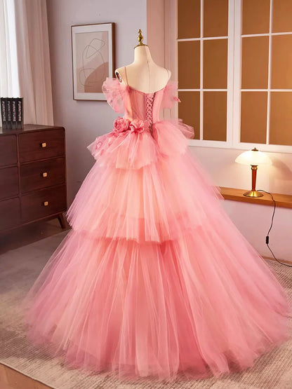Vestido de fiesta largo de tul rosa con tirantes finos, precioso vestido de fiesta de quinceañera de corte A TP210