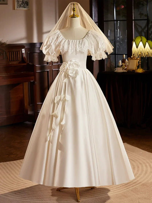 Vestido de fiesta de satén blanco, largo hasta la rodilla con encaje, estilo retro, corte A, TP211