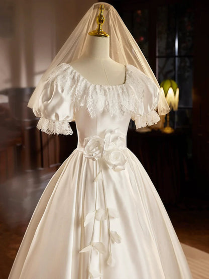 Vestido de fiesta de satén blanco, largo hasta la rodilla con encaje, estilo retro, corte A, TP211