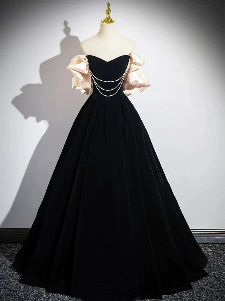 Vestido de fiesta de terciopelo negro hasta el suelo, corte A, hombros descubiertos, TP213