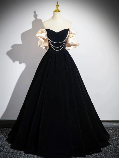 Vestido de fiesta de terciopelo negro hasta el suelo, corte A, hombros descubiertos, TP213