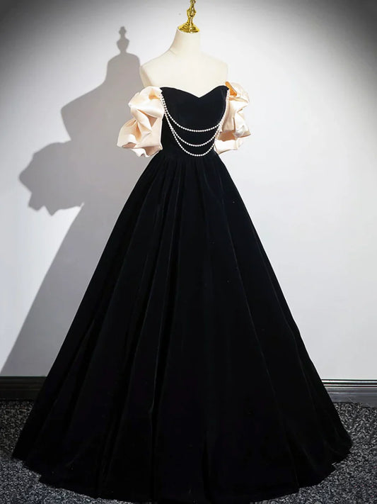 Black Velvet Floor Length Prom Dress, Off the Shoulder A-Line Evening Party Dress TP213