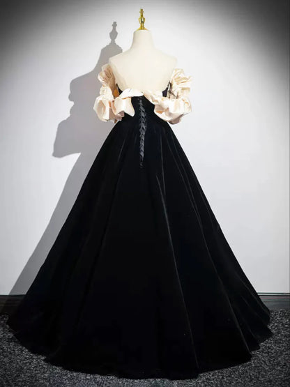 Vestido de fiesta de terciopelo negro hasta el suelo, corte A, hombros descubiertos, TP213