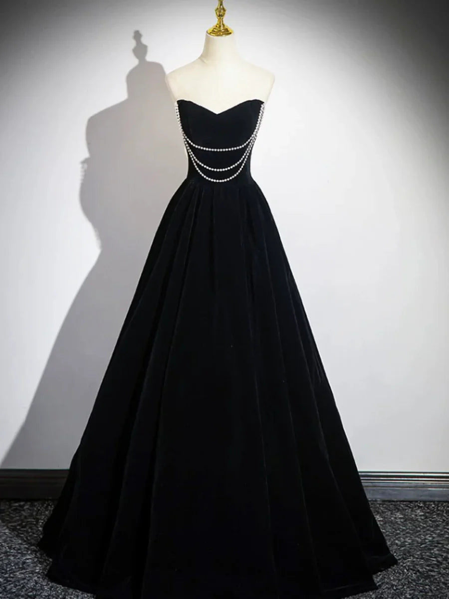 Vestido de fiesta de terciopelo negro hasta el suelo, corte A, hombros descubiertos, TP213
