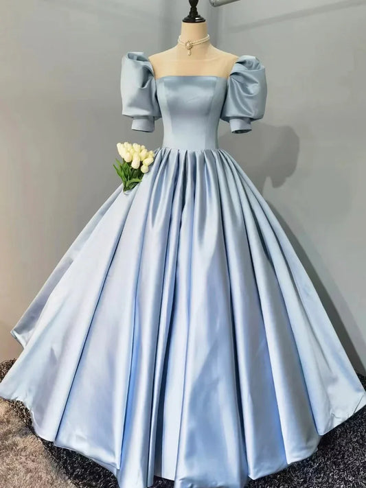 Blue Satin Floor Length Prom Dress, A-Line Short Sleeve Evening Party Dress TP214