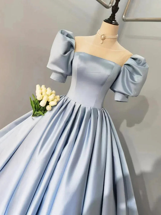 Blue Satin Floor Length Prom Dress, A-Line Short Sleeve Evening Party Dress TP214