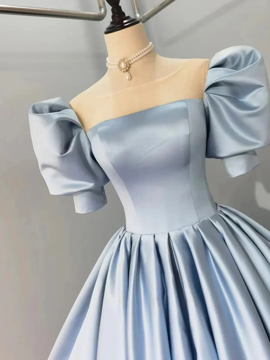 Blue Satin Floor Length Prom Dress, A-Line Short Sleeve Evening Party Dress TP214