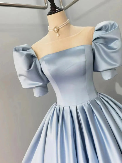 Blue Satin Floor Length Prom Dress, A-Line Short Sleeve Evening Party Dress TP214