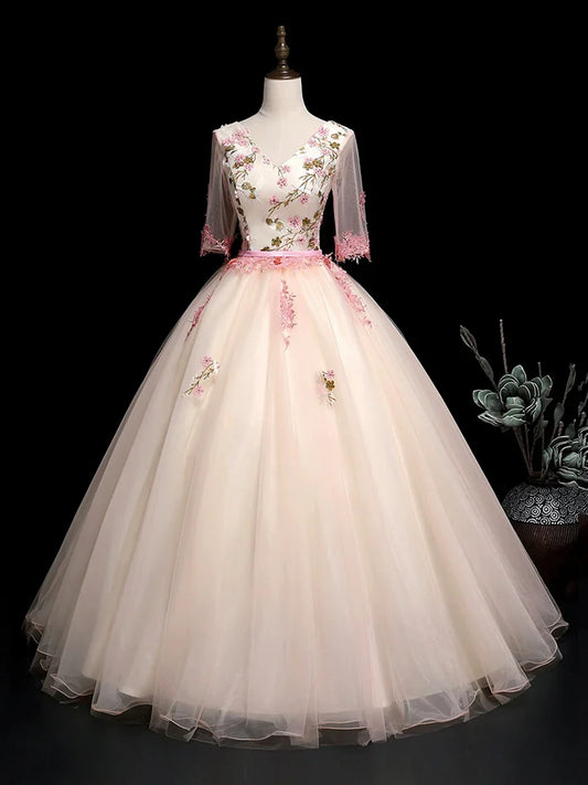 Vestido de fiesta largo de tul con escote en V color champán y encaje, corte A, precioso vestido de noche TP215