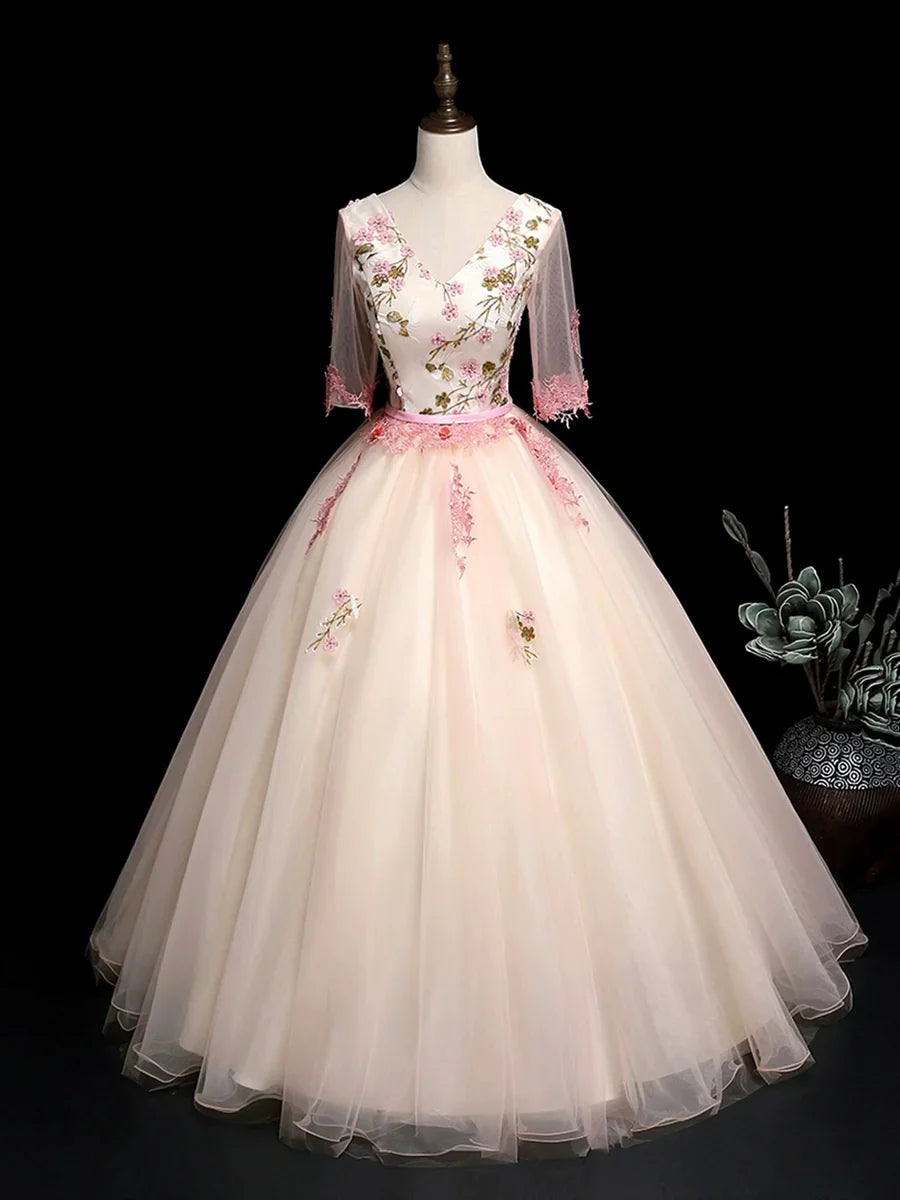Vestido de fiesta largo de tul con escote en V color champán y encaje, corte A, precioso vestido de noche TP215