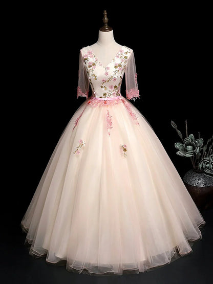 Vestido de fiesta largo de tul con escote en V color champán y encaje, corte A, precioso vestido de noche TP215