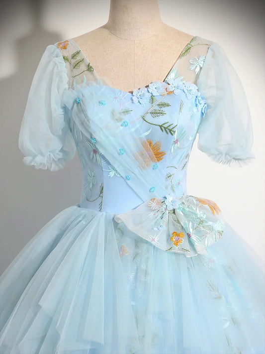 Blue Tulle Floor Length Prom Dress, Beautiful Short Sleeve Evening Party Dress TP216